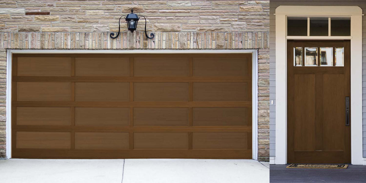 Retique It Multi-purpose Smooth Finish Kit in Cherry for exterior wood surfaces, featuring a matte top coat on garage door wood.