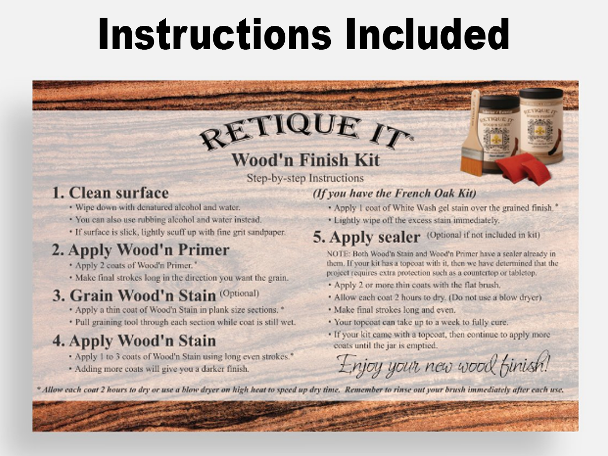 Front view of Retique It Wood'n Finish Kit Large in Harbor Gray, including application instructions for interior top coat application.