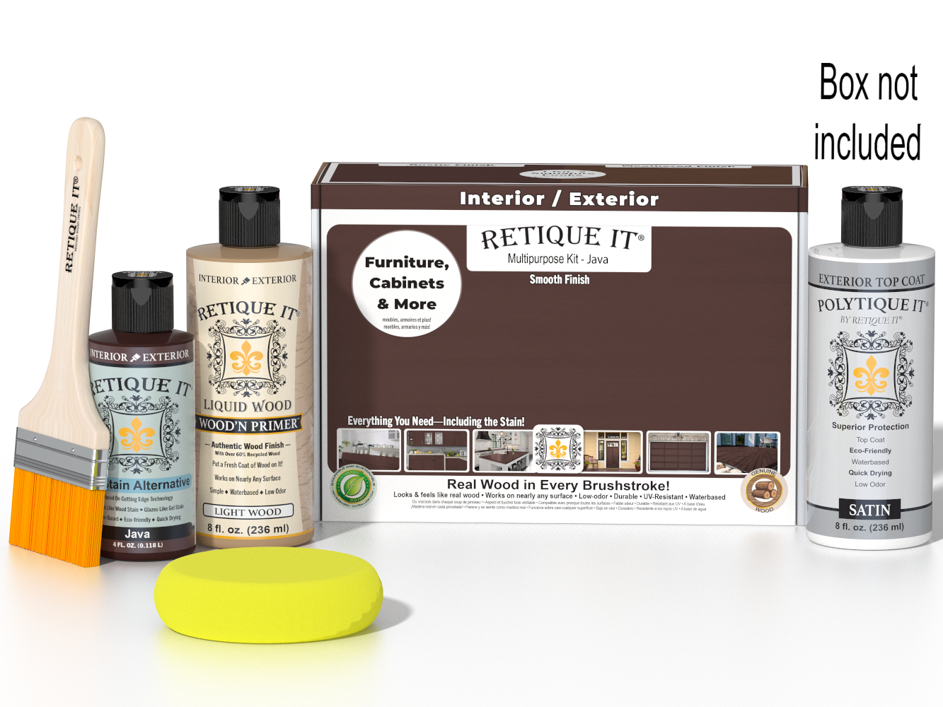 Retique It® Multi-purpose Smooth Finish Kit in Java, exterior top coat satin wood finish with included application tools and box.