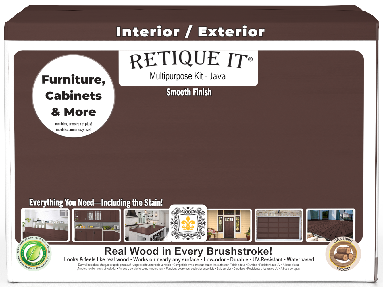 Retique It® Multi-purpose Smooth Finish Kit in Java for interior wood top coat, featuring four large wood finish bottles and application tools.