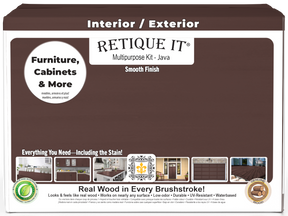 Retique It® Multi-purpose Smooth Finish Kit in Java for interior wood top coat, featuring four large wood finish bottles and application tools.