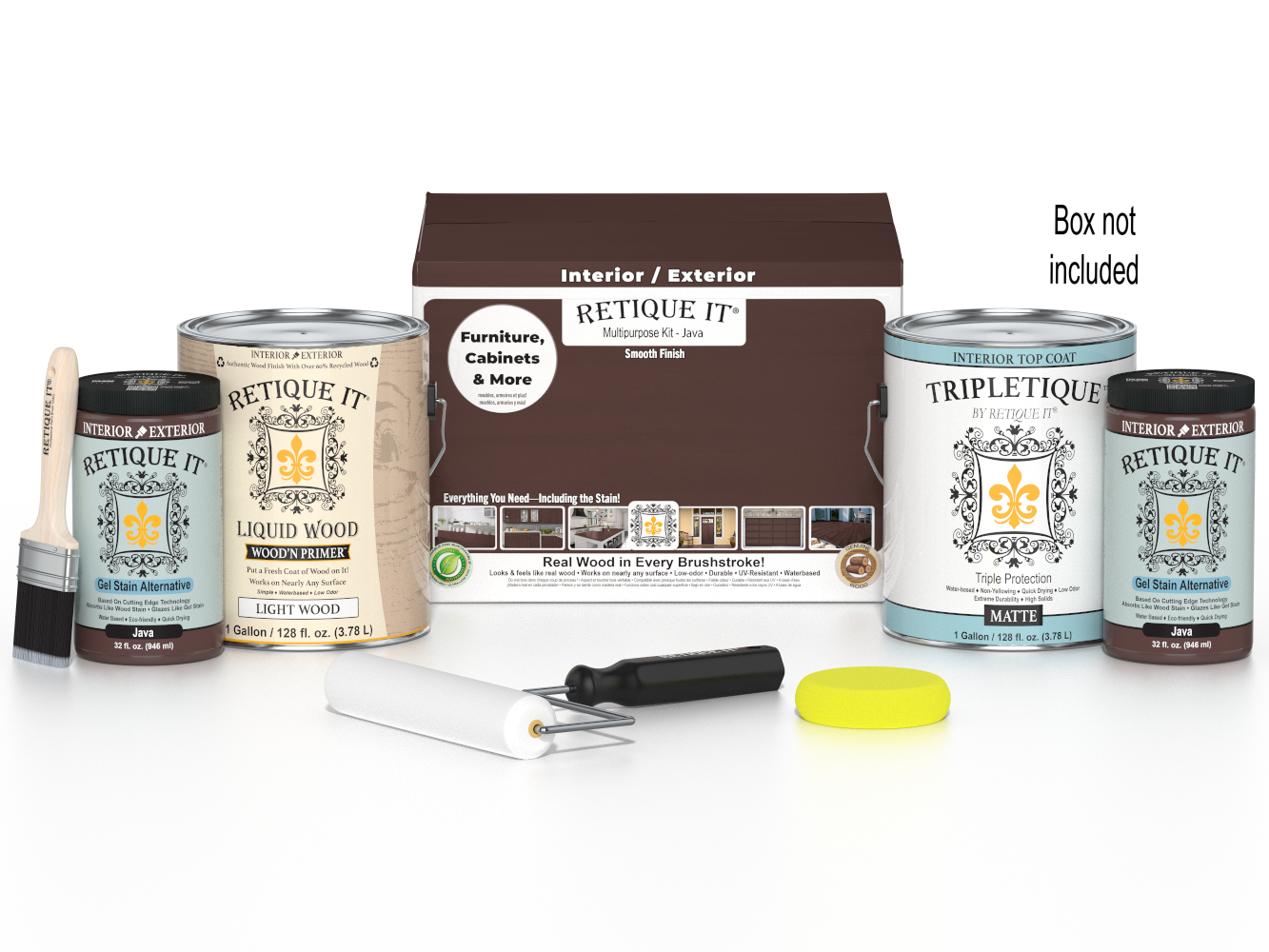 Retique It® Java multi-purpose wood finish kit with four large interior top coat bottles in matte finish, includes application tools and box.