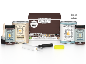 Retique It Java multi-purpose wood finish kit with four large interior top coat bottles in matte finish, includes application tools and box.