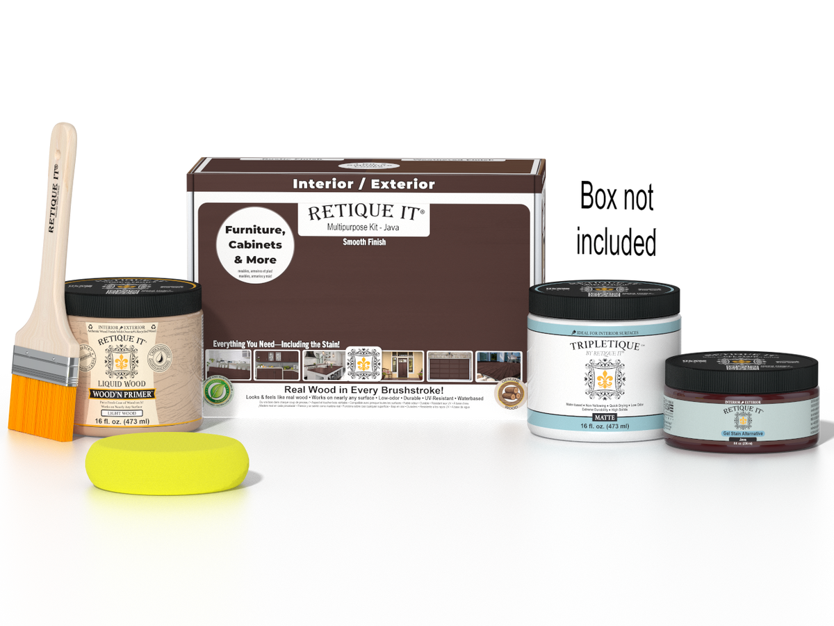 Retique It® Java multi-purpose wood finish kit with smooth matte top coat, includes application tools and instructions.