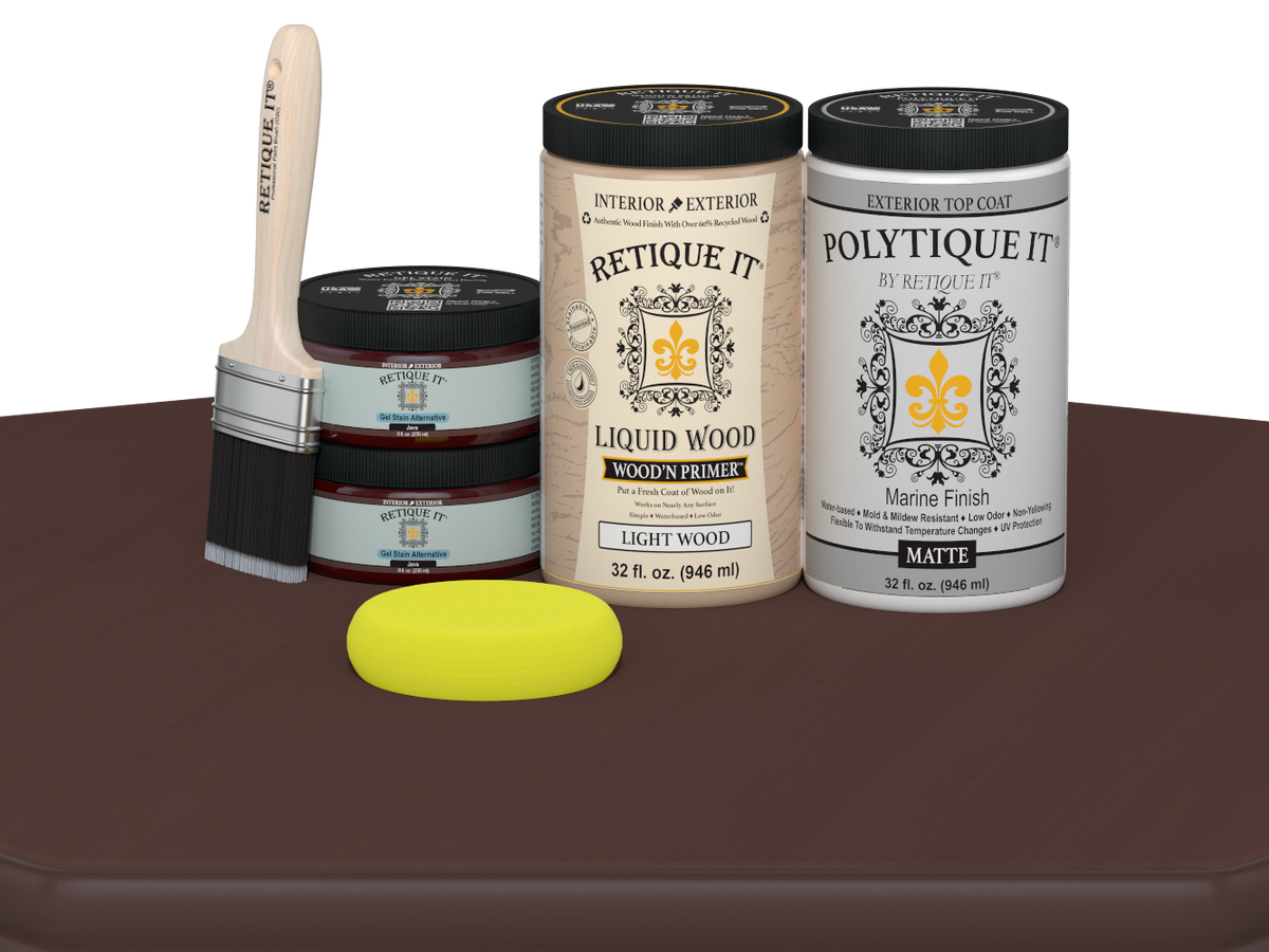 Retique It® Large Java Multi-purpose Smooth Finish Kit for exterior wood, includes top coat and application tools.