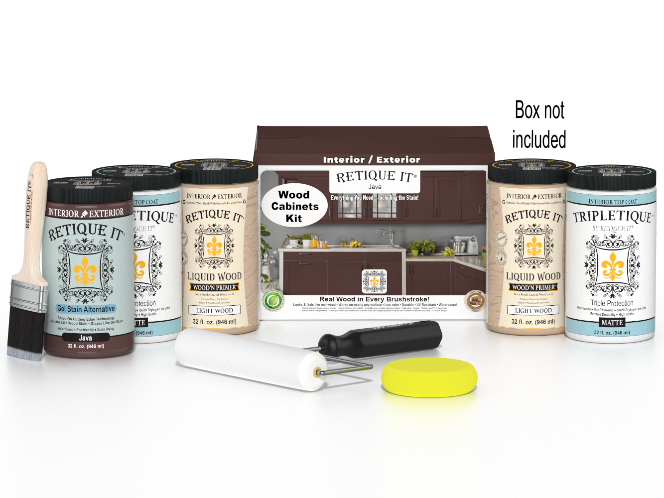 Retique It® Wood'n Cabinet Kit with 24 Java-stained cabinet doors, smooth finish for a modern kitchen look.
