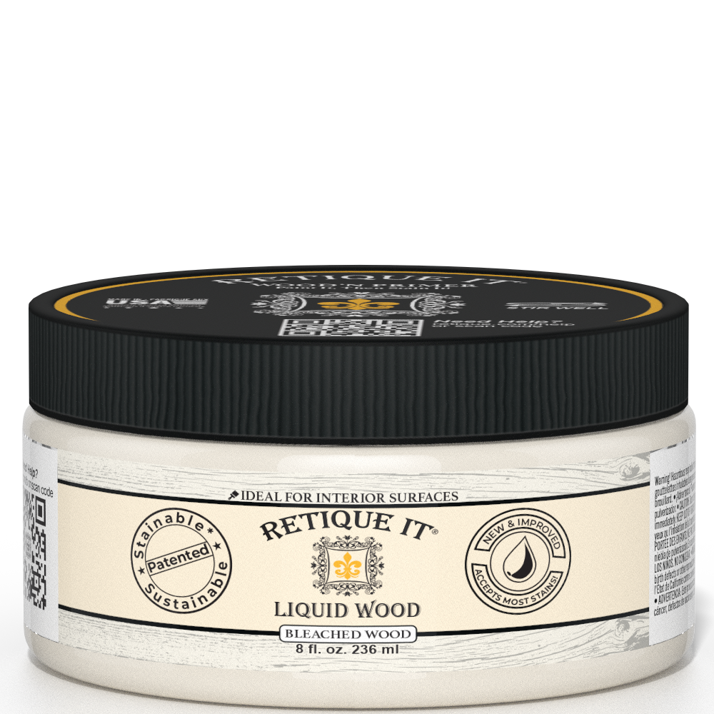 Retique It® Liquid Wood interior paint in 8oz bleached finish, shown in a jar with a smooth, wood-like texture.