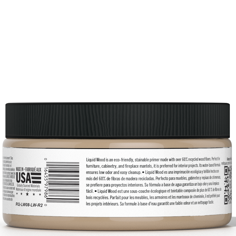 Retique It® Liquid Wood 8oz light interior paint jar showing the back label and product packaging.