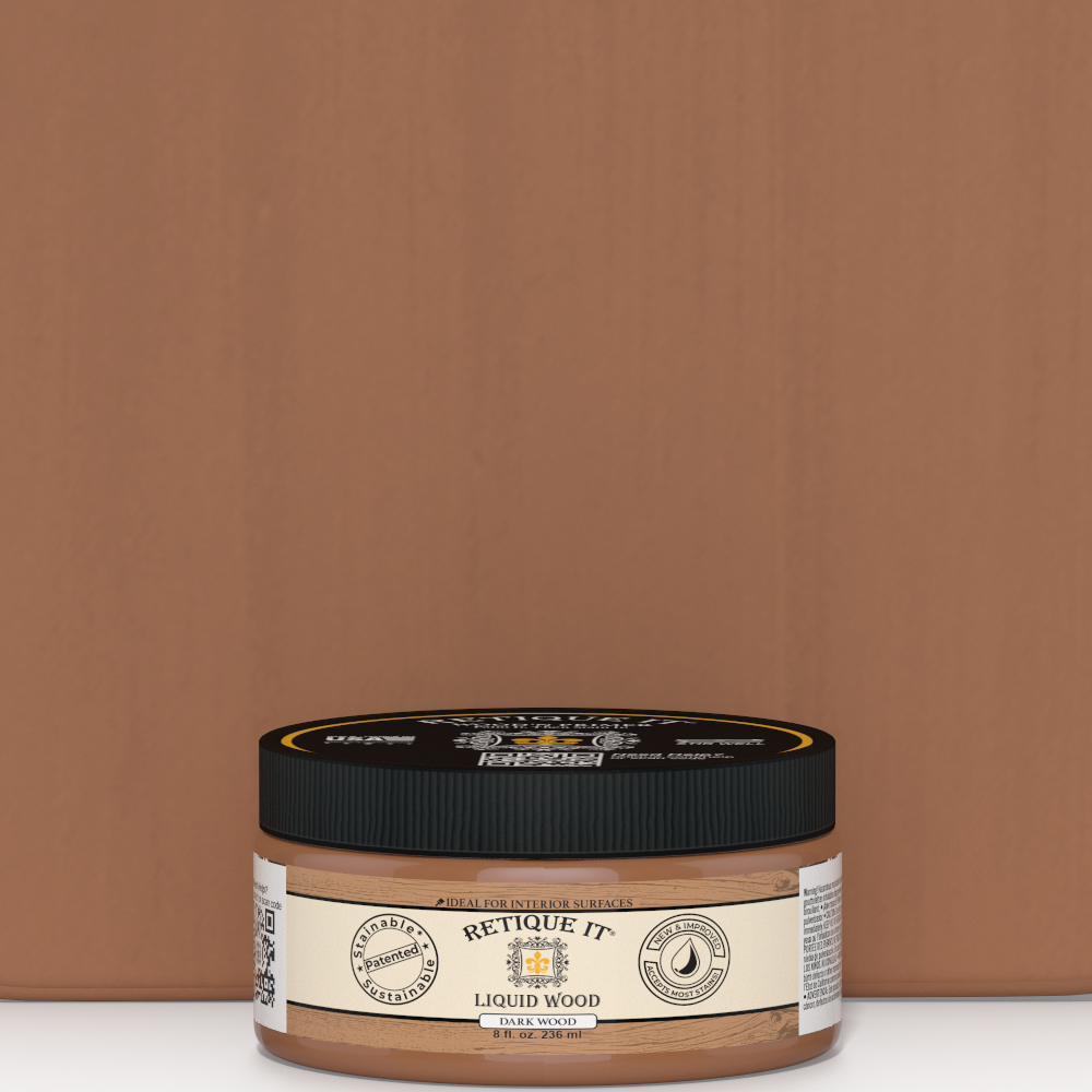 Retique It® Liquid Wood 8oz dark interior paint jar with swatch showing rich wood finish and smooth texture.