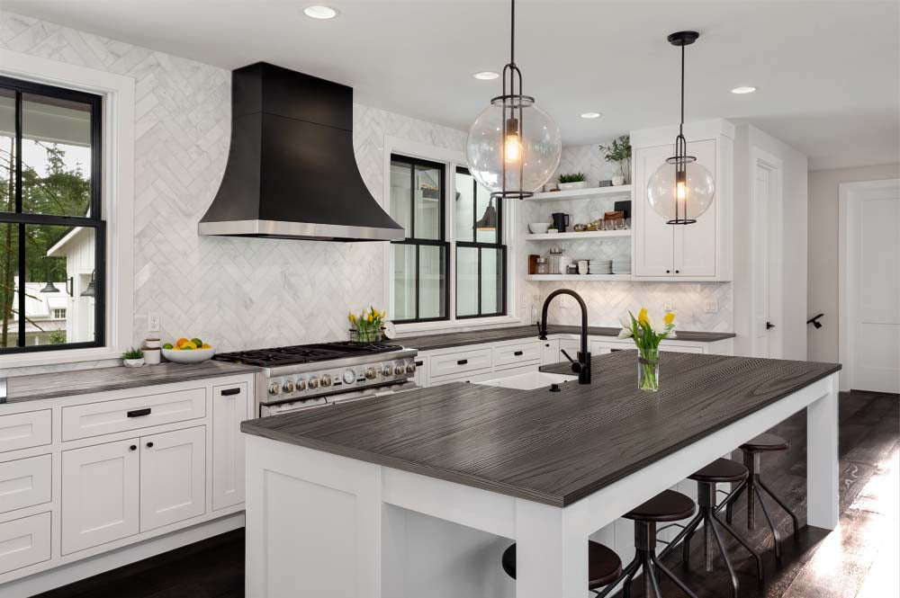 Retique It Wood'n Kit Large Harbor Gray interior top coat on kitchen countertop with wood grain finish.
