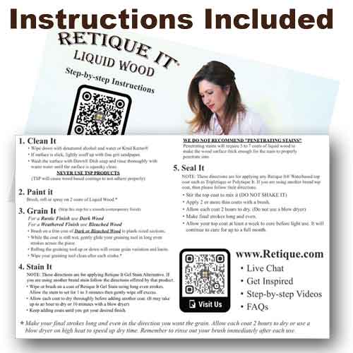 Retique It® Raw Wood Kit (Medium) in dark wood finish with application instructions, showing wood grain and finishing tools.