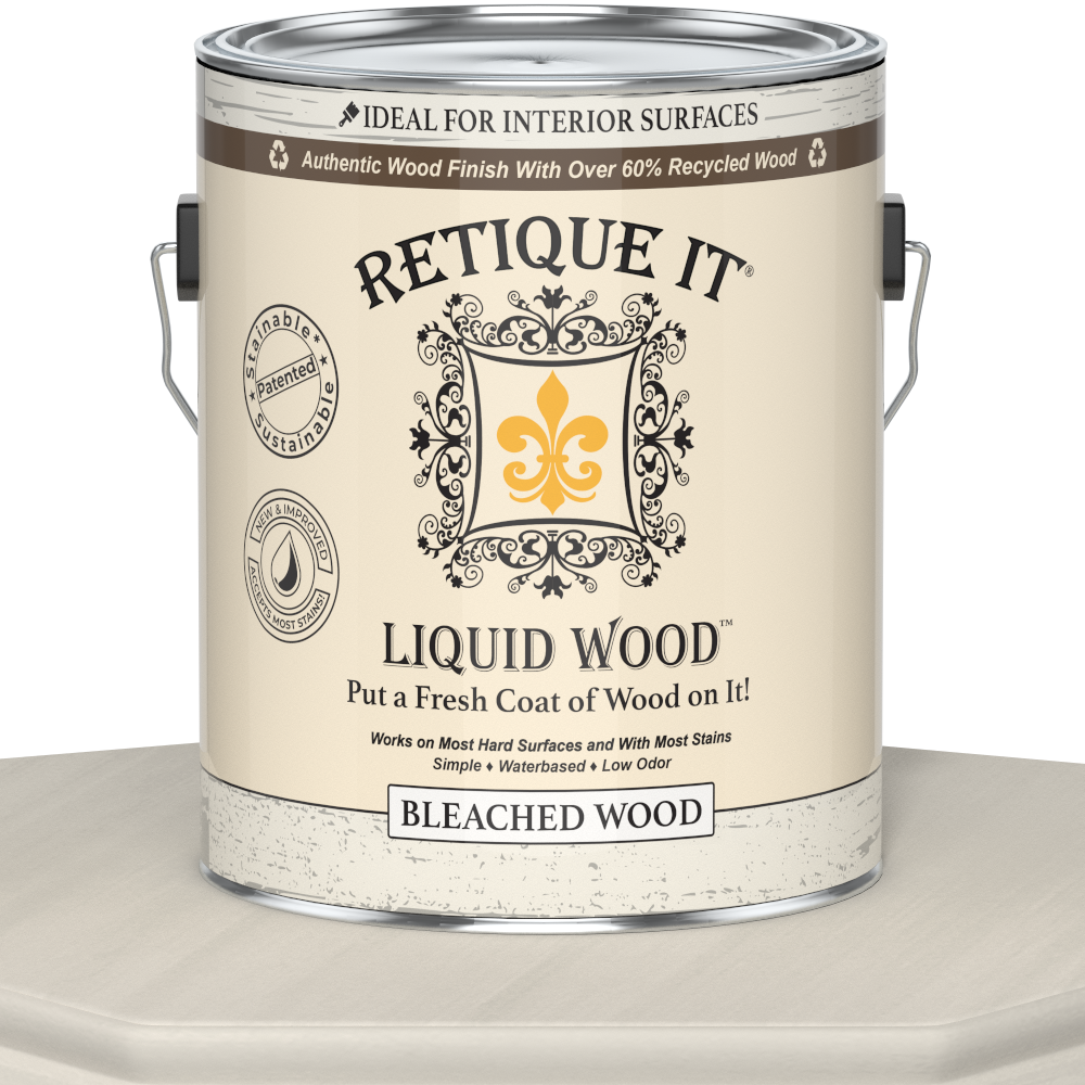 Liquid Wood bleached interior paint by Retique It® in a 128oz container, shown in a natural wood finish with a smooth application.
