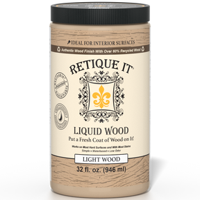 Retique It® Liquid Wood interior paint in 32oz Light finish, showing a smooth application on a wooden surface.