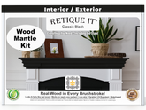Retique It Wood Mantle Kit packaging with a fireplace and decorative items on a white background