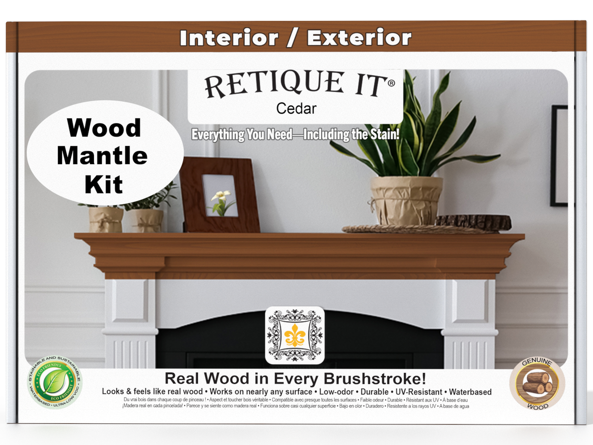 Retique It Wood Mantle Kit packaging with a fireplace and decorative items on a white background