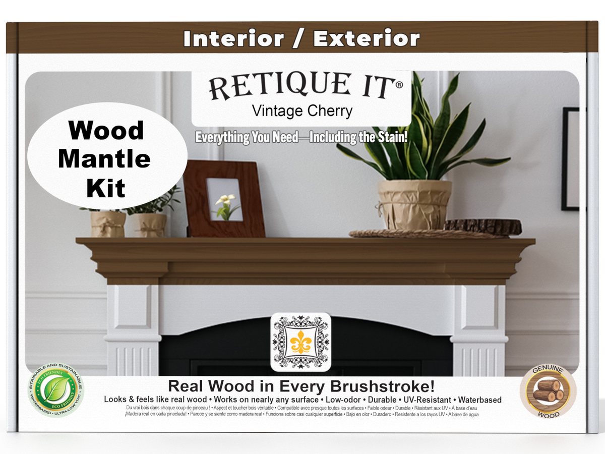 Retique It Wood Mantle Kit packaging with a fireplace and decorative items on a white background