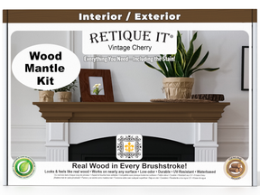 Retique It Wood Mantle Kit packaging with a fireplace and decorative items on a white background