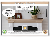 Retique It Wood Mantle Kit packaging with a fireplace and decorative items on a white background