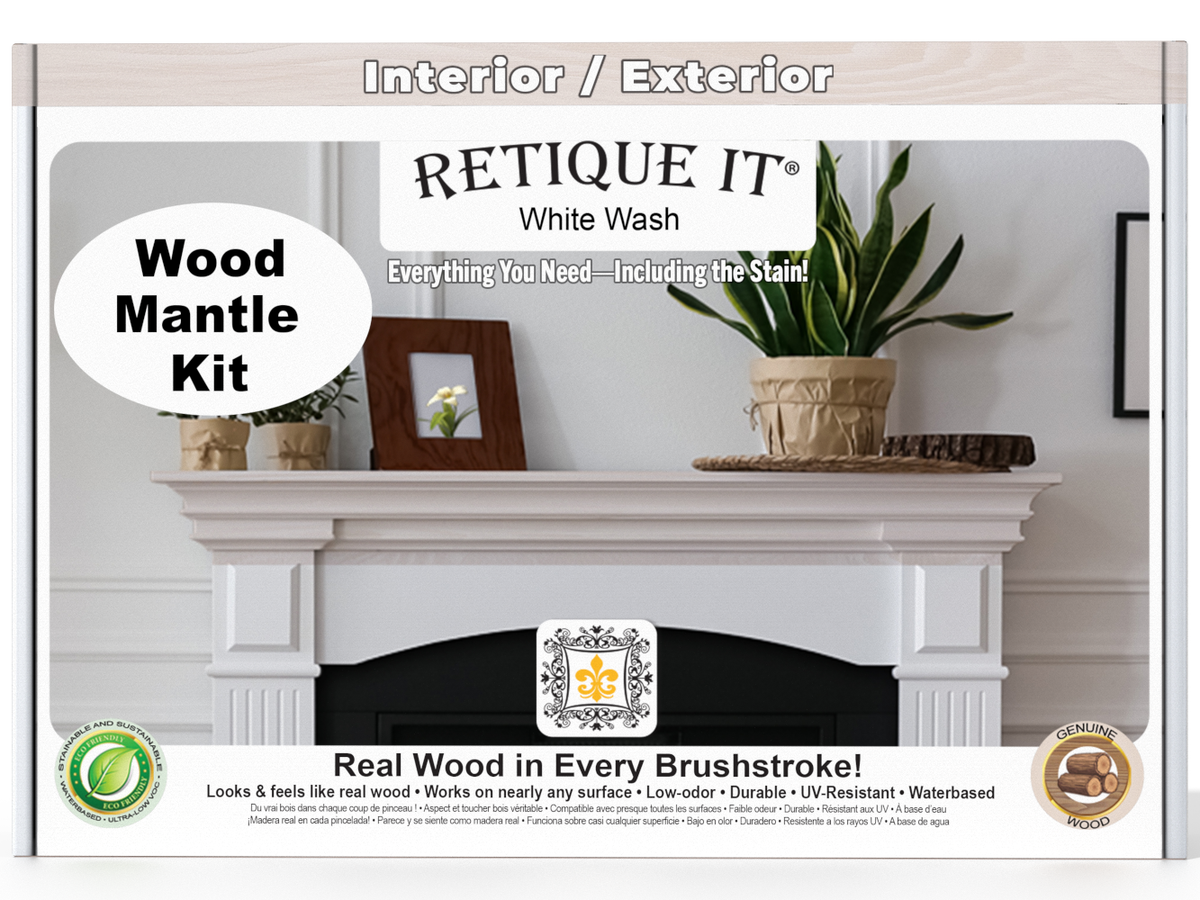 Retique It Wood Mantle Kit packaging with a fireplace and decorative items on a white background