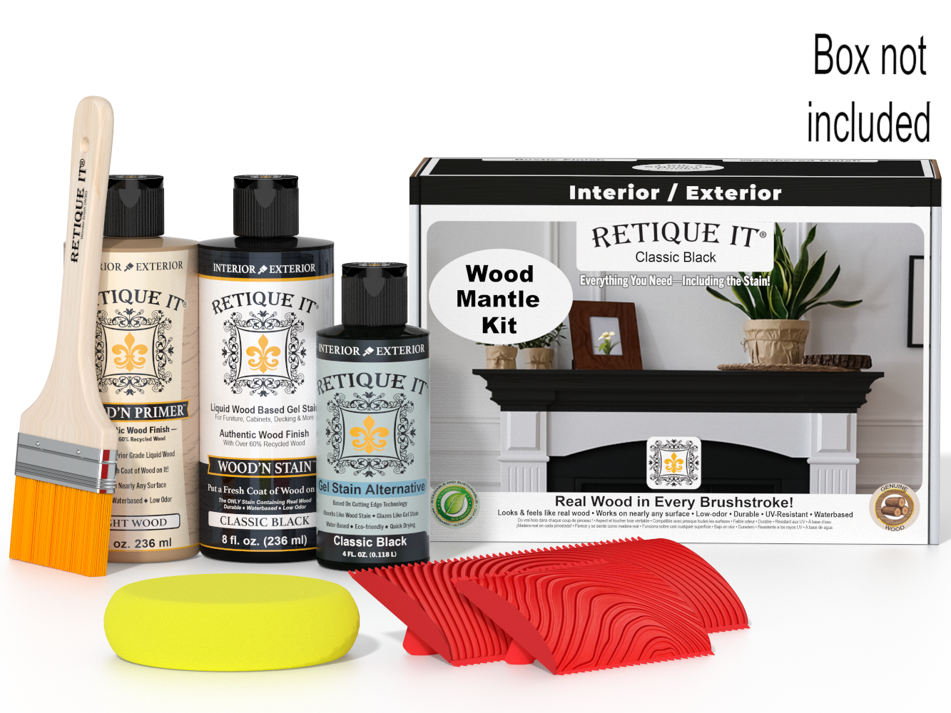 Retique It wood stain kit with bottles, brush, and packaging on a white background