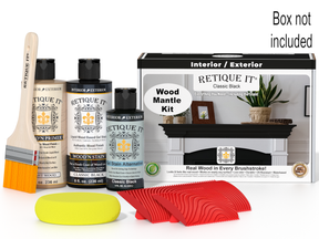 Retique It wood stain kit with bottles, brush, and packaging on a white background