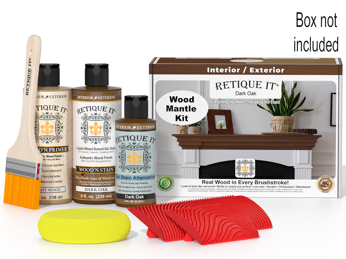 Wood stain kit with bottles, brush, and packaging on a white background