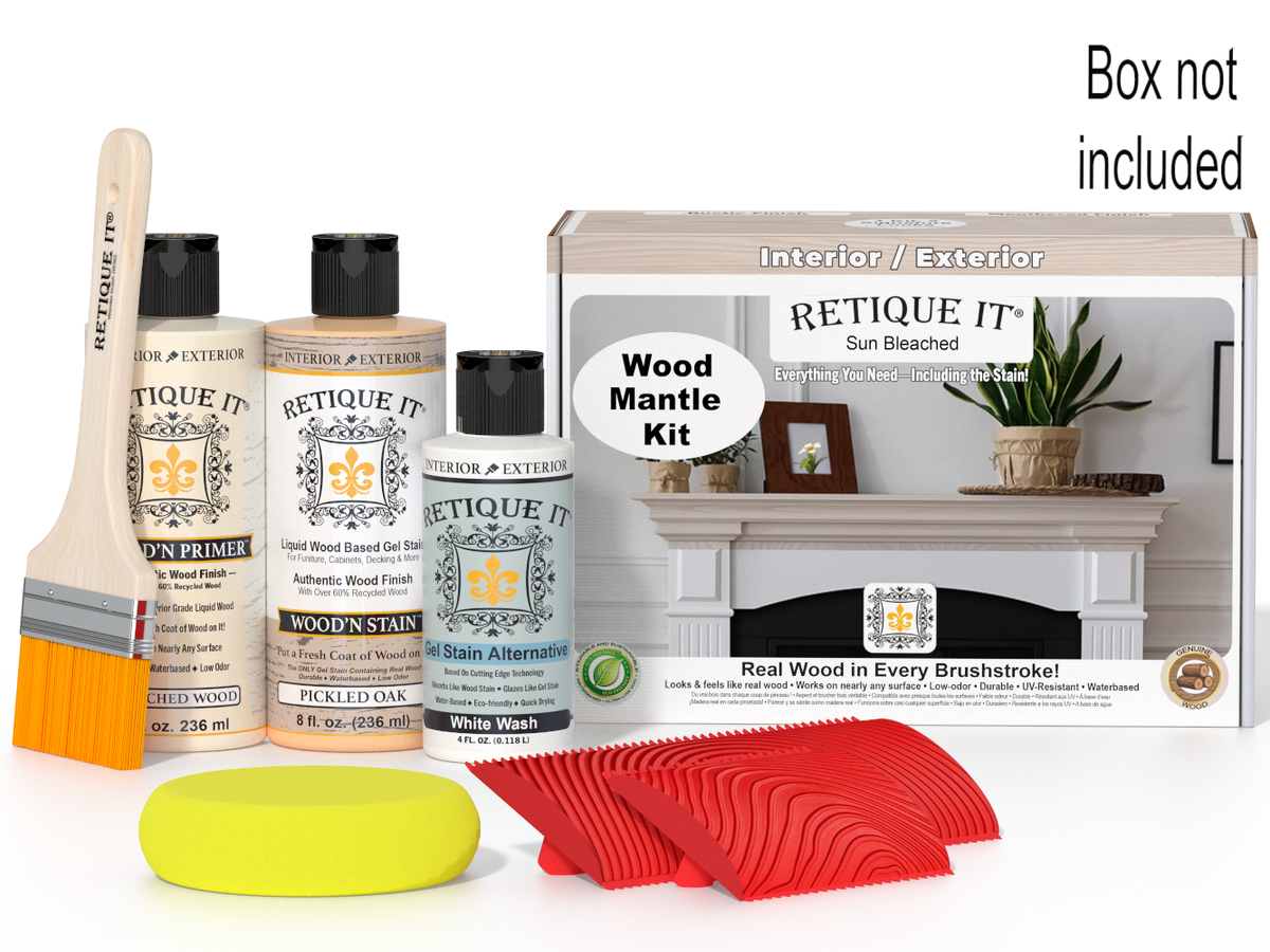 Wood stain kit with bottles, brush, and packaging on a white background