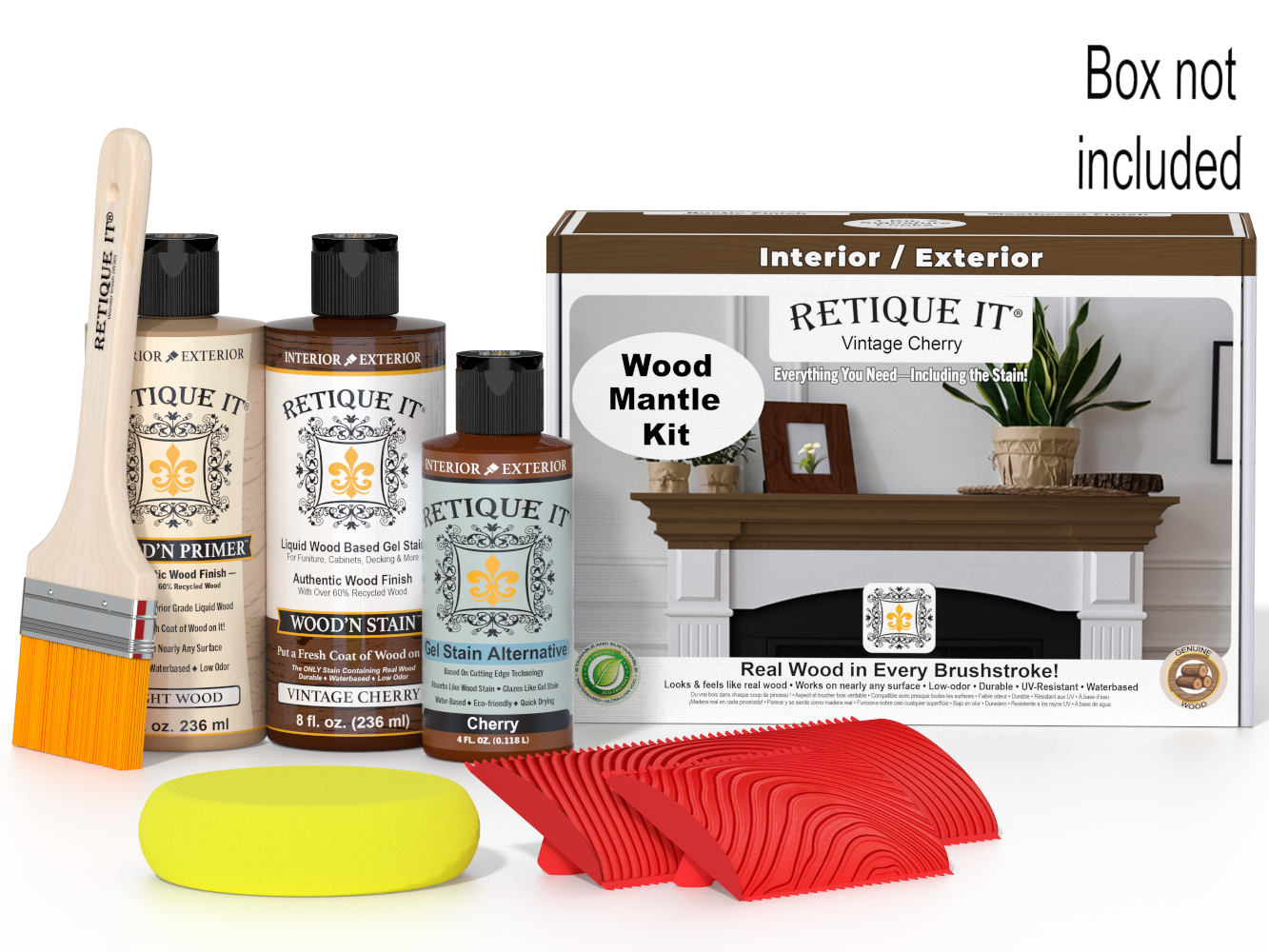 Retique It wood stain kit with bottles, brush, and packaging on a white background