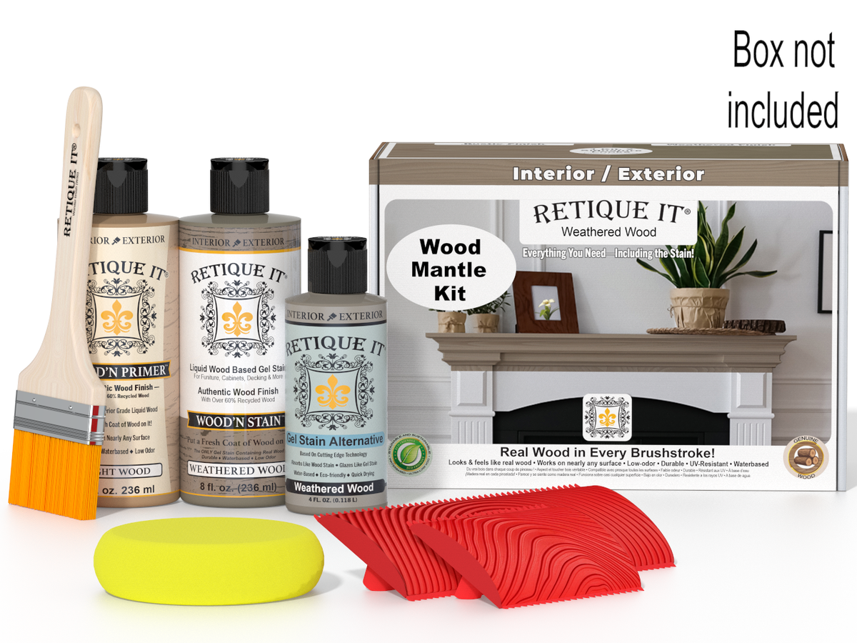 Retique It wood stain kit with various bottles, a brush, and a box on a white background.