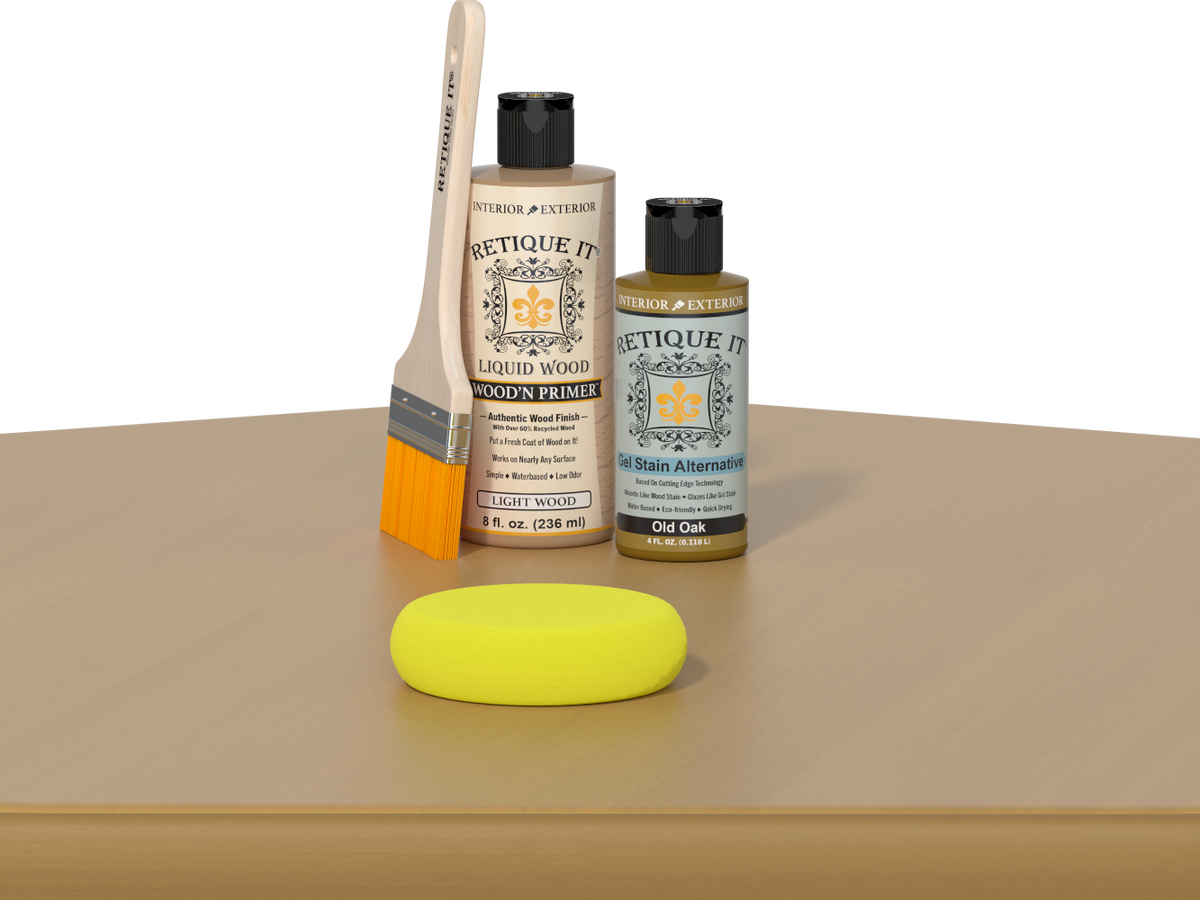 Retique It® Multi-purpose Smooth Finish Kit in Old Oak for woodworking, showing a finished wood table surface with smooth, polished look.