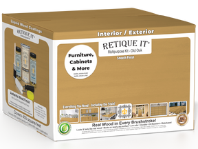 Retique It® multi-purpose smooth finish kit in Old Oak with four large wood finishing tools and supplies in a box.
