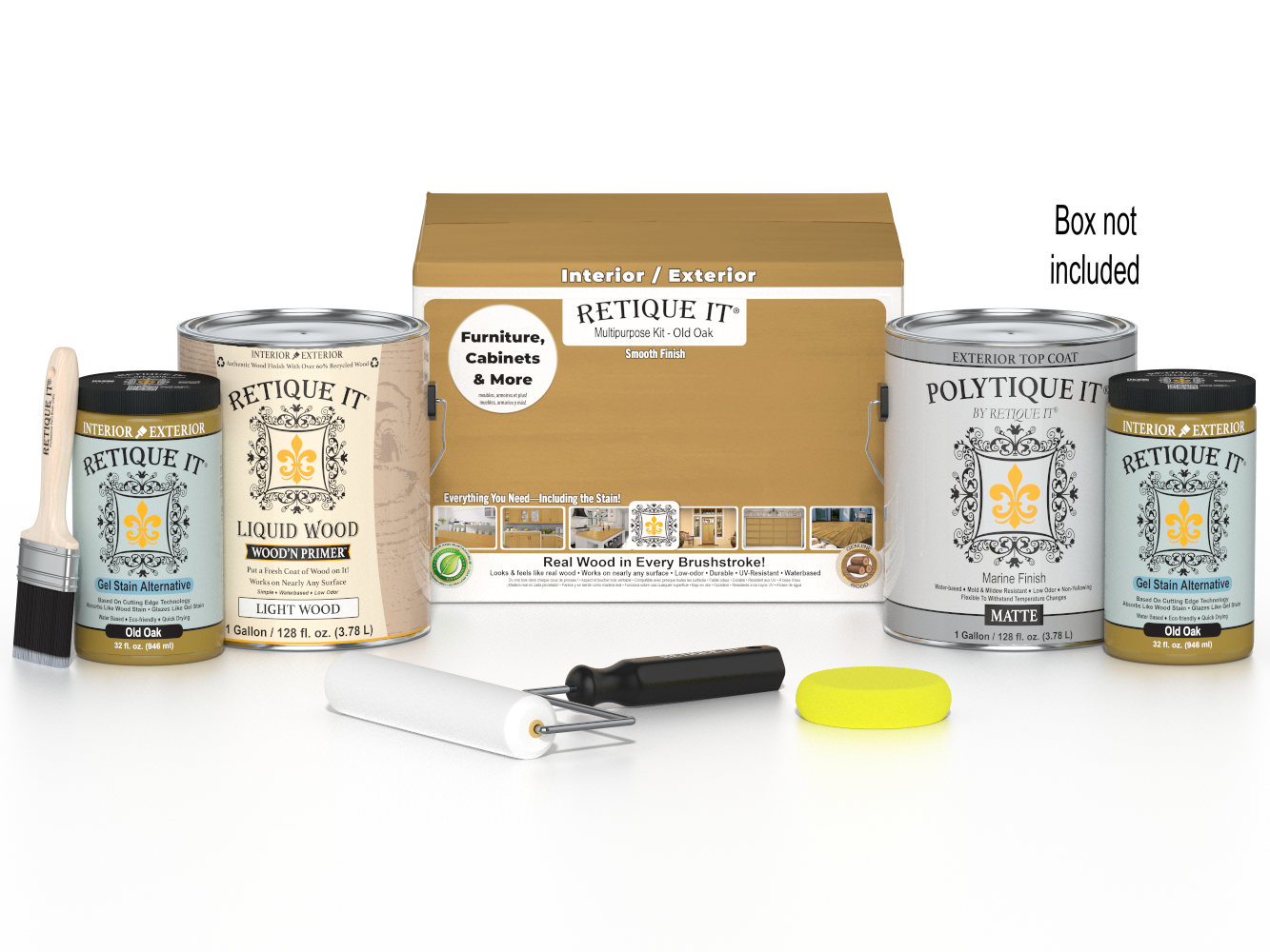 Retique It® Multi-purpose Smooth Finish Kit in Old Oak for exterior wood top coating, includes four large containers with wood finish.