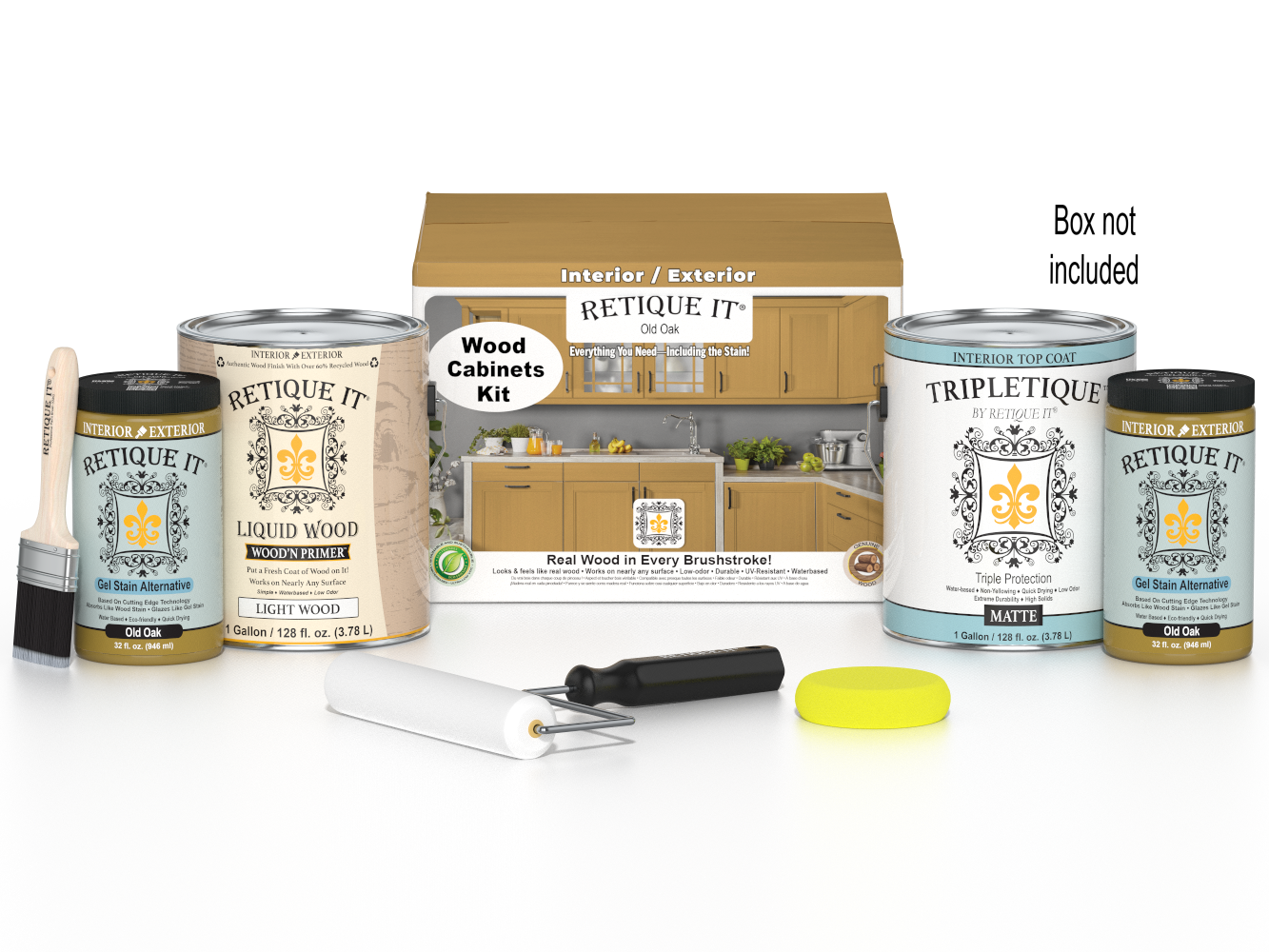 Retique It Wood'n Cabinet Kit with 48 smooth doors in Old Oak stain, ideal for kitchen or cabinet renovation.