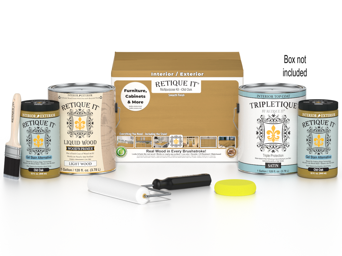 Retique It Multi-purpose Smooth Finish Kit in Old Oak for wood interior top coat, includes four large containers with wood finish products.