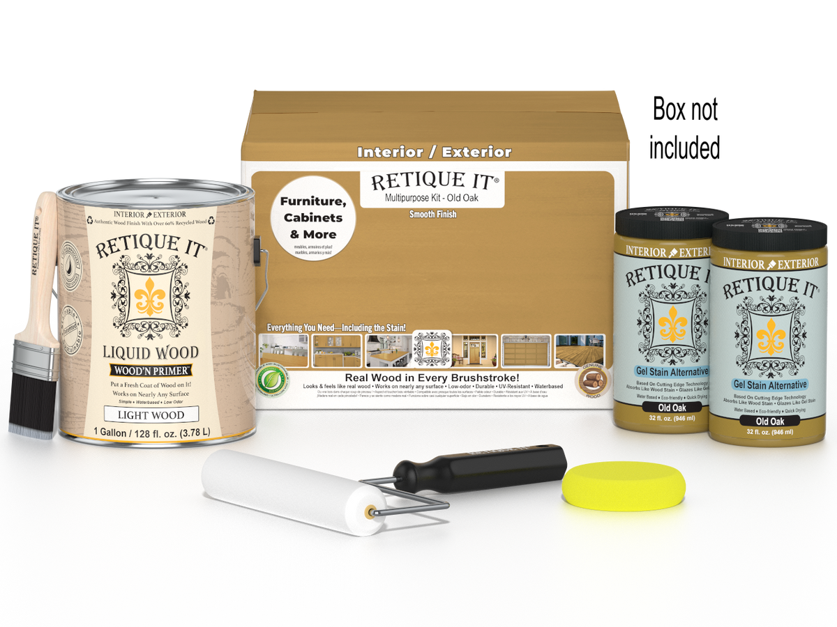 Retique It® Wood'n Finish Kit in Old Oak, large multi-purpose smooth finish set with four containers and applicator brushes.