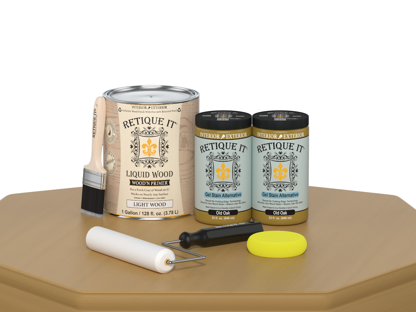 Retique It® Multi-purpose Smooth Finish Kit in Old Oak, 4-piece set, showcasing wood finishing tools and product packaging.