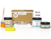 Retique It® Multi-purpose Smooth Finish Kit in Old Oak for interior wood top coating, shown with application tools and wood sample.
