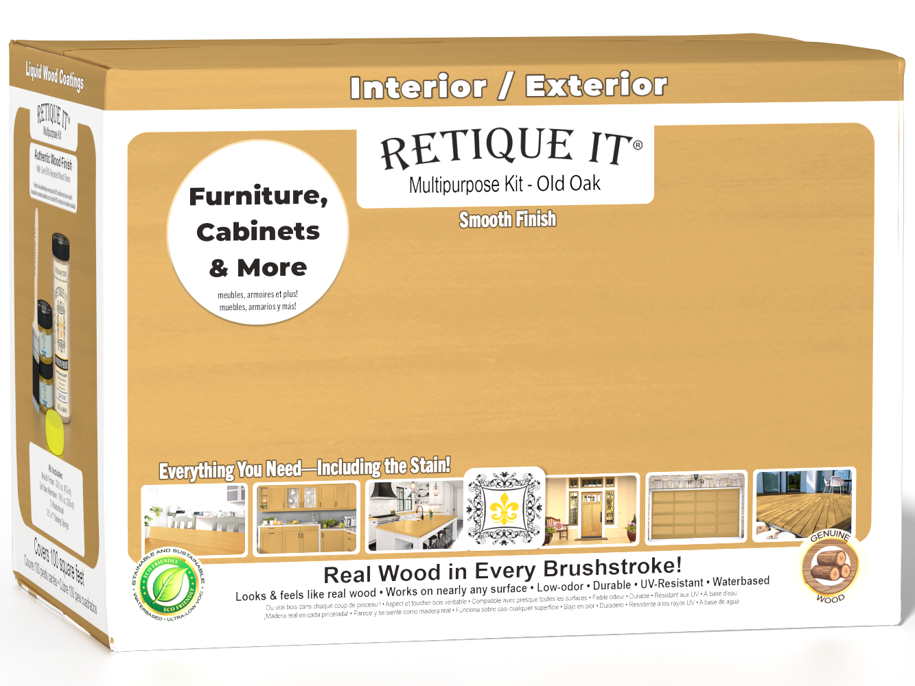Retique It® Multi-purpose Smooth Finish Kit (Large) in Old Oak, featuring interior top coat and wood finishing components in a box.