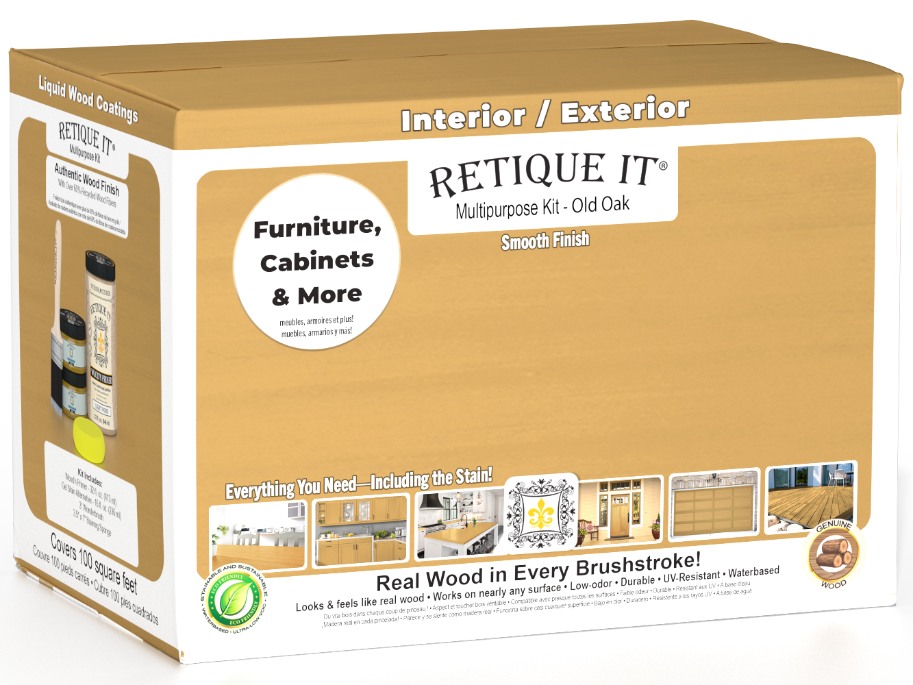 Retique It® Multi-purpose Smooth Finish Kit (Large) in Old Oak for exterior top coat, matte wood finish, includes application tools.