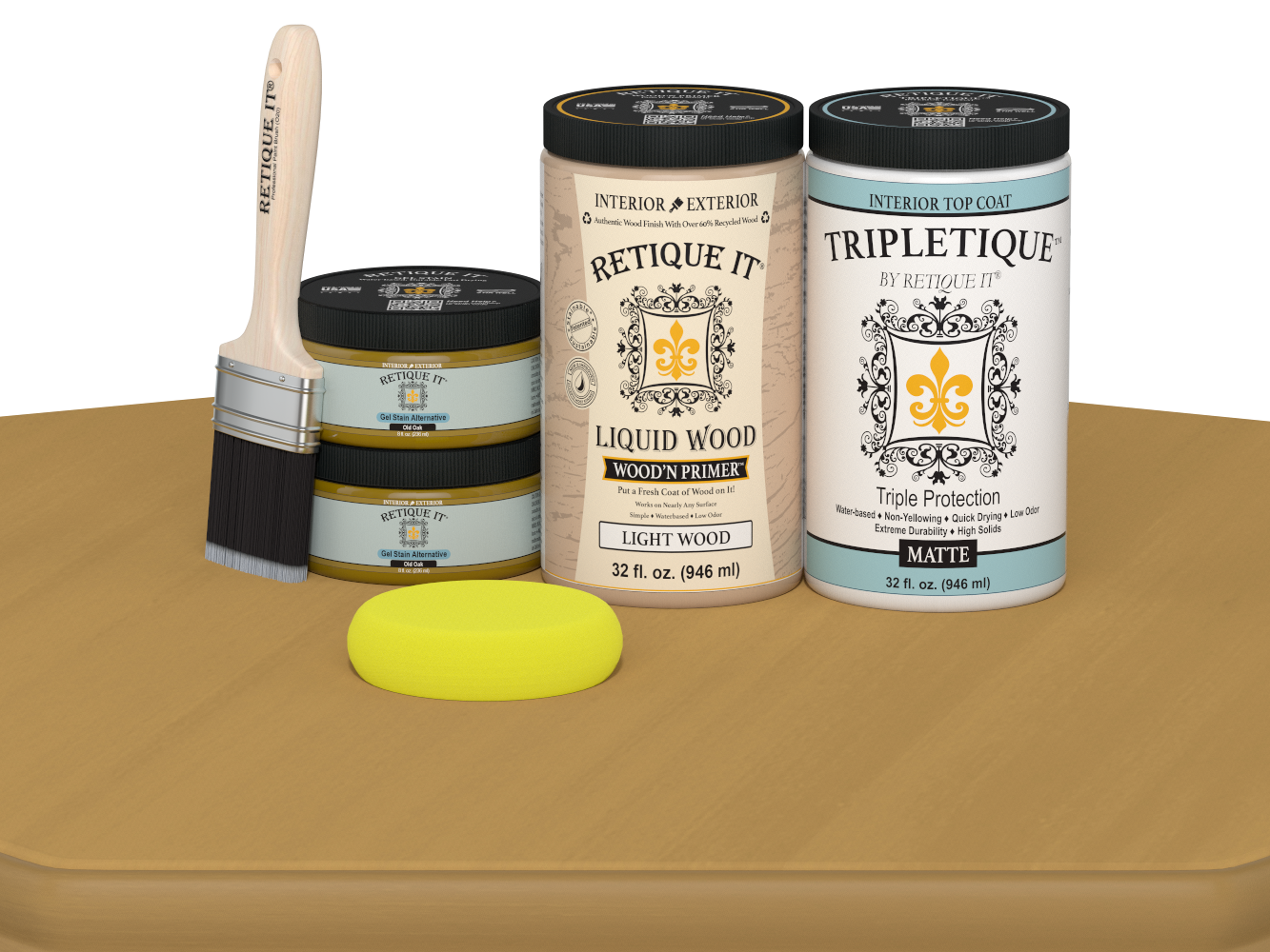 Retique It® Multi-purpose Smooth Finish Kit (Large) in Old Oak for interior wood projects, includes top coat and application tools.