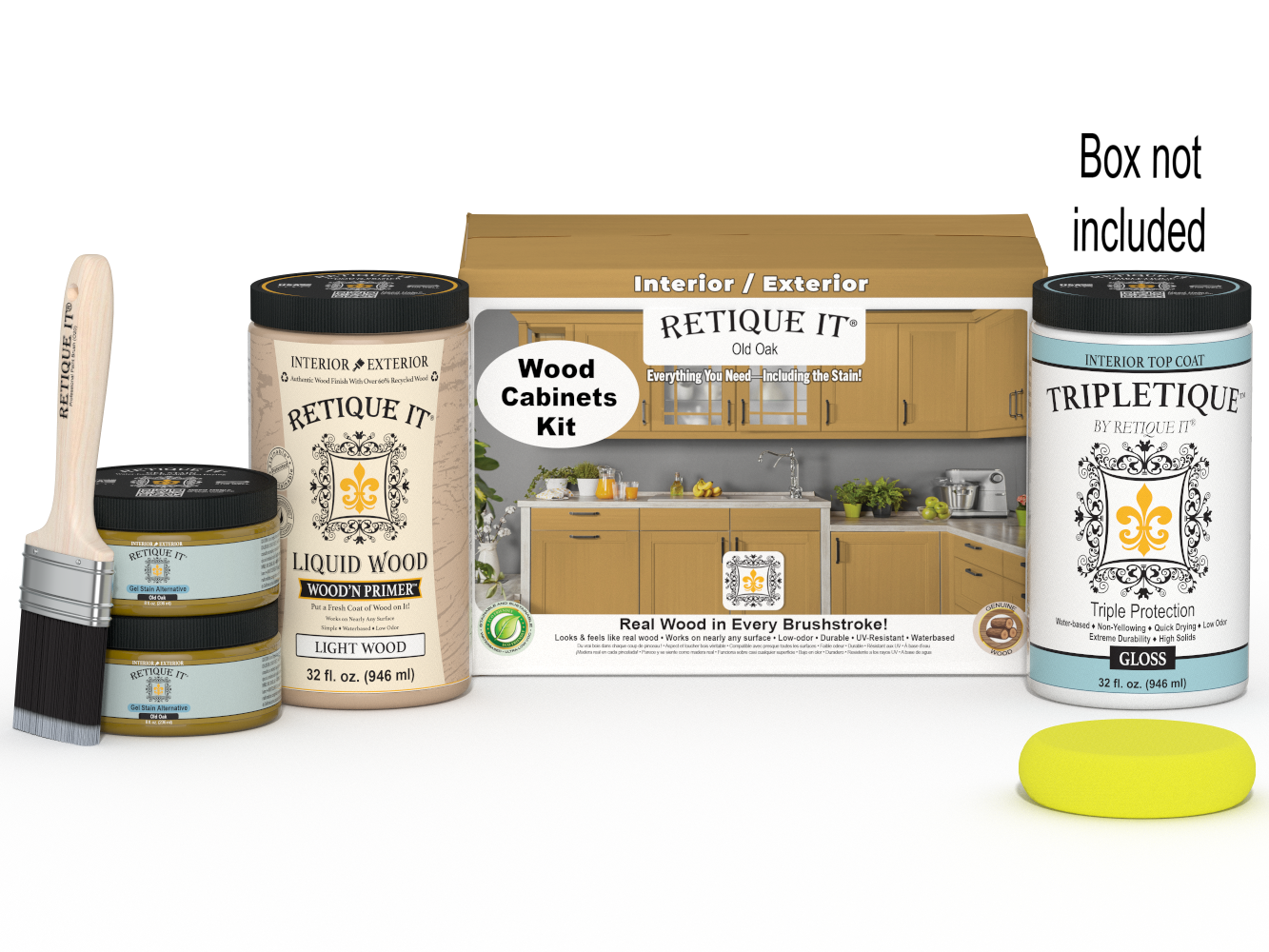 Retique It® Wood'n Cabinet Kit with 12 smooth Old Oak stained cabinet doors, shown with parts and packaging.