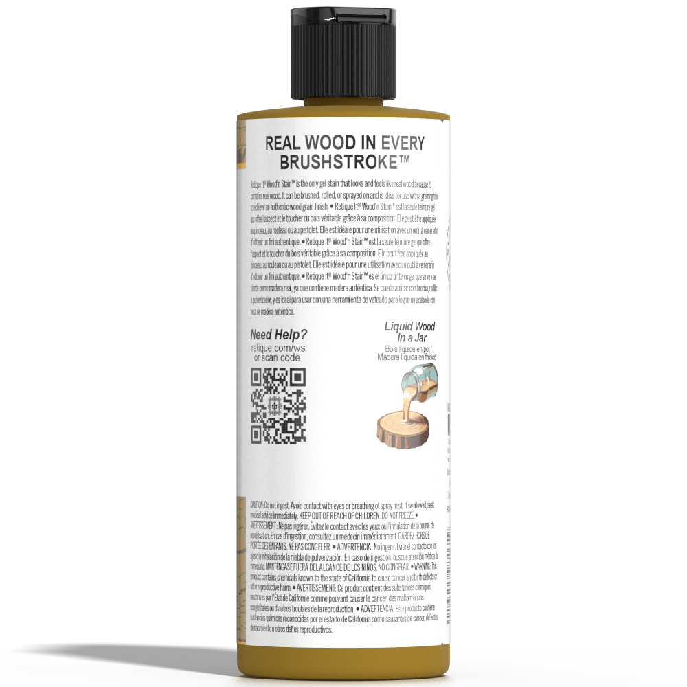 Retique It Liquid Wood Wood'n Stain in Old Oak, 8 oz, showcasing the stain's rich wood finish and natural oak color.
