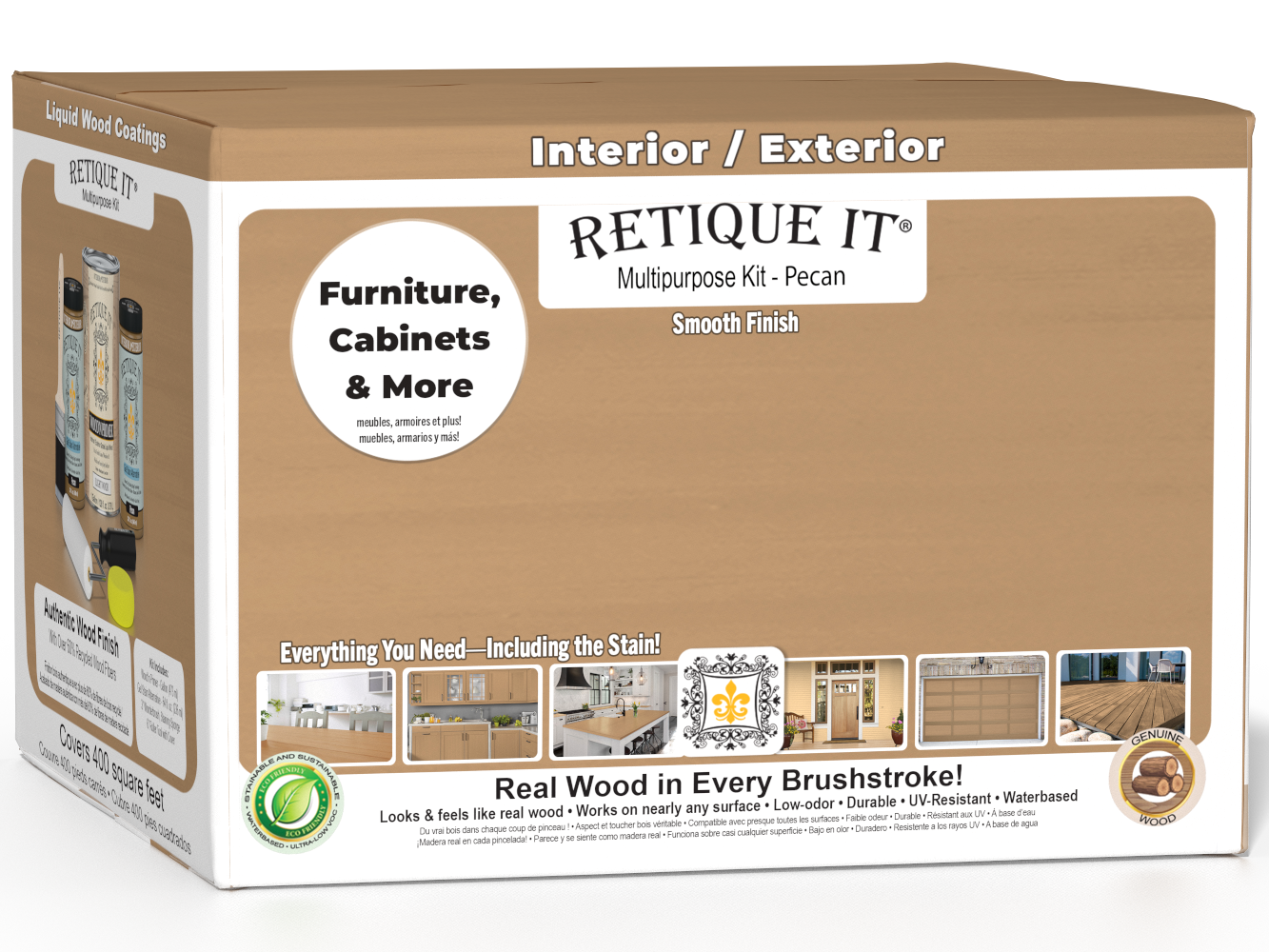 Retique It® wood finish kit with four large pecan-colored wood stain bottles in a smooth finish kit box.