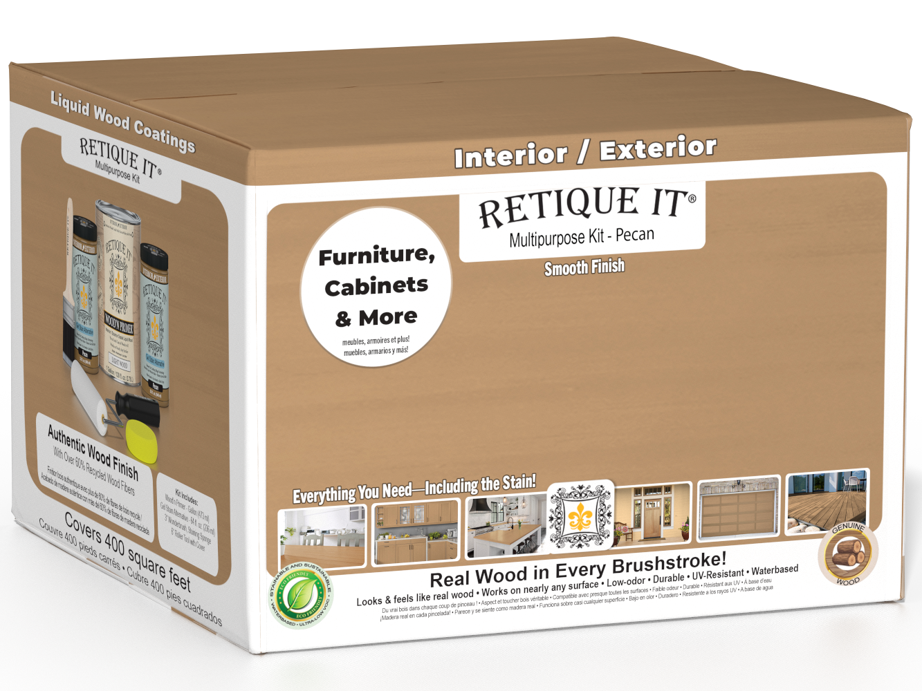 Retique It® Multi-purpose Smooth Finish Kit in Pecan for wood interior top coat, includes four large wood finish bottles.