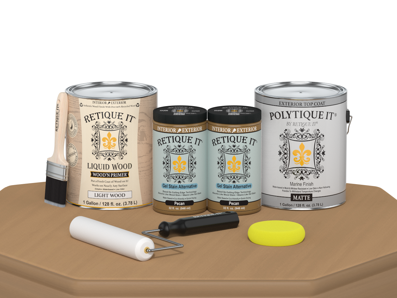Retique It® Multi-purpose Smooth Finish Kit in Pecan for exterior wood projects, includes four large top coat containers.