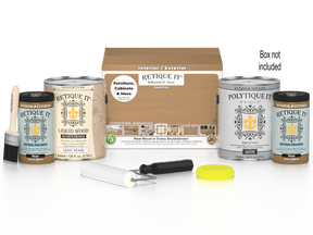 Retique It® Multi-purpose Smooth Finish Kit in Pecan with exterior top coat, includes four large wood finishing tools and materials.