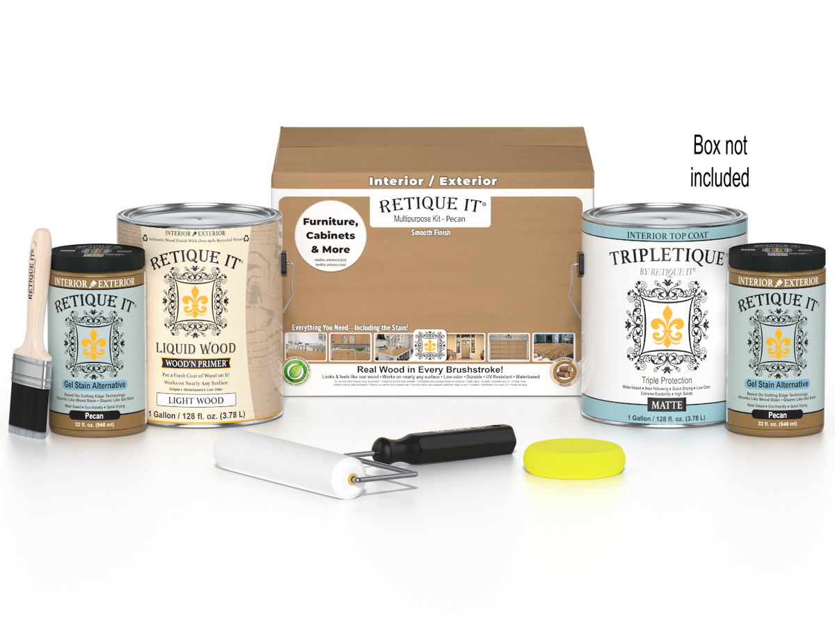 Retique It® Multi-purpose Smooth Finish Kit in Pecan with four large interior top coat bottles and applicator tools.