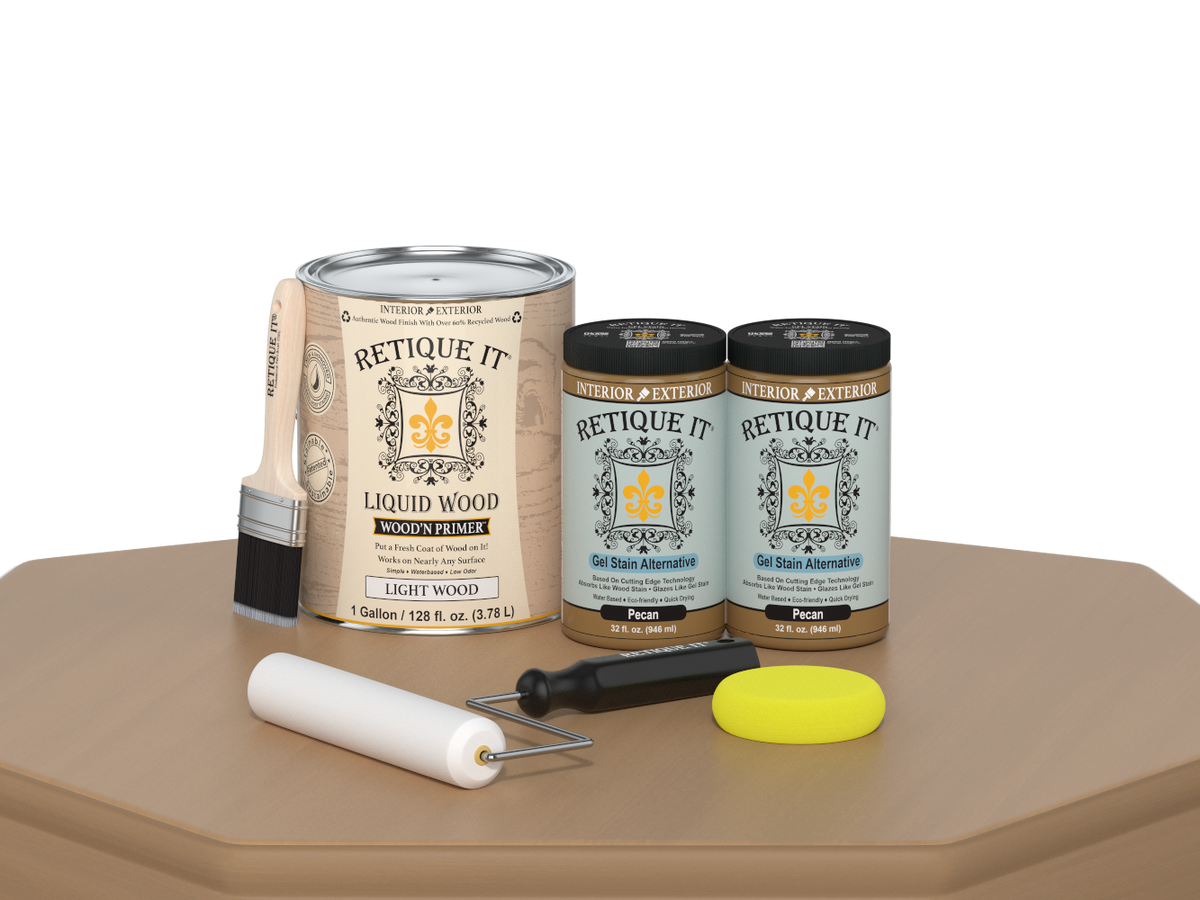 Retique It® Multi-purpose Smooth Finish Kit in Pecan with four large wood finish containers, suitable for furniture and wood projects.