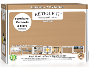 Retique It® Multi-purpose Smooth Finish Kit (Med) in Pecan for exterior wood projects, featuring a matte top coat in a box.