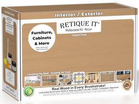 Retique It® Multi-purpose Smooth Finish Kit (Med) in Pecan for interior wood projects, includes top coat and application tools.